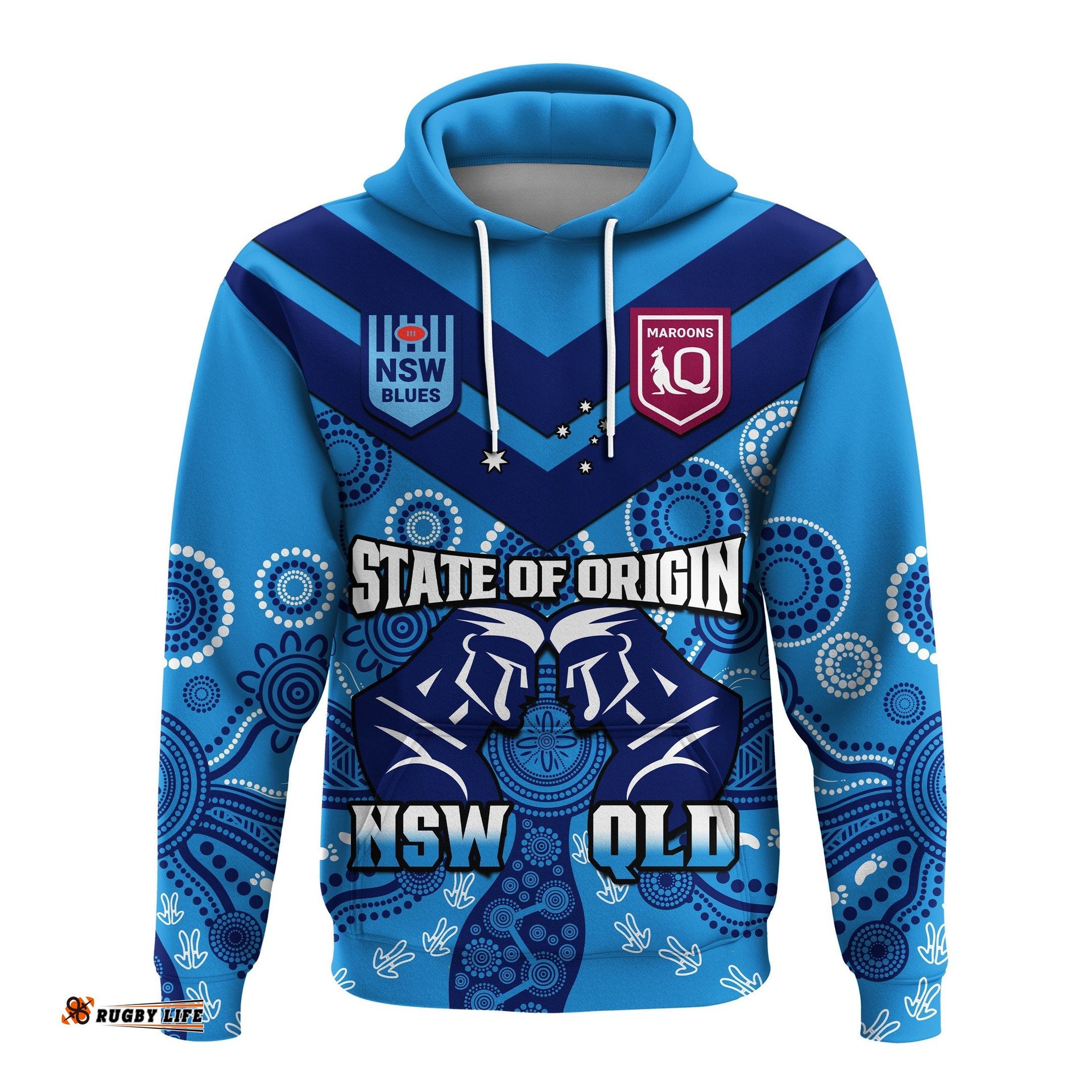 personalised qld maroons and nsw blues rugby hoodie state of origin indigenous blue version