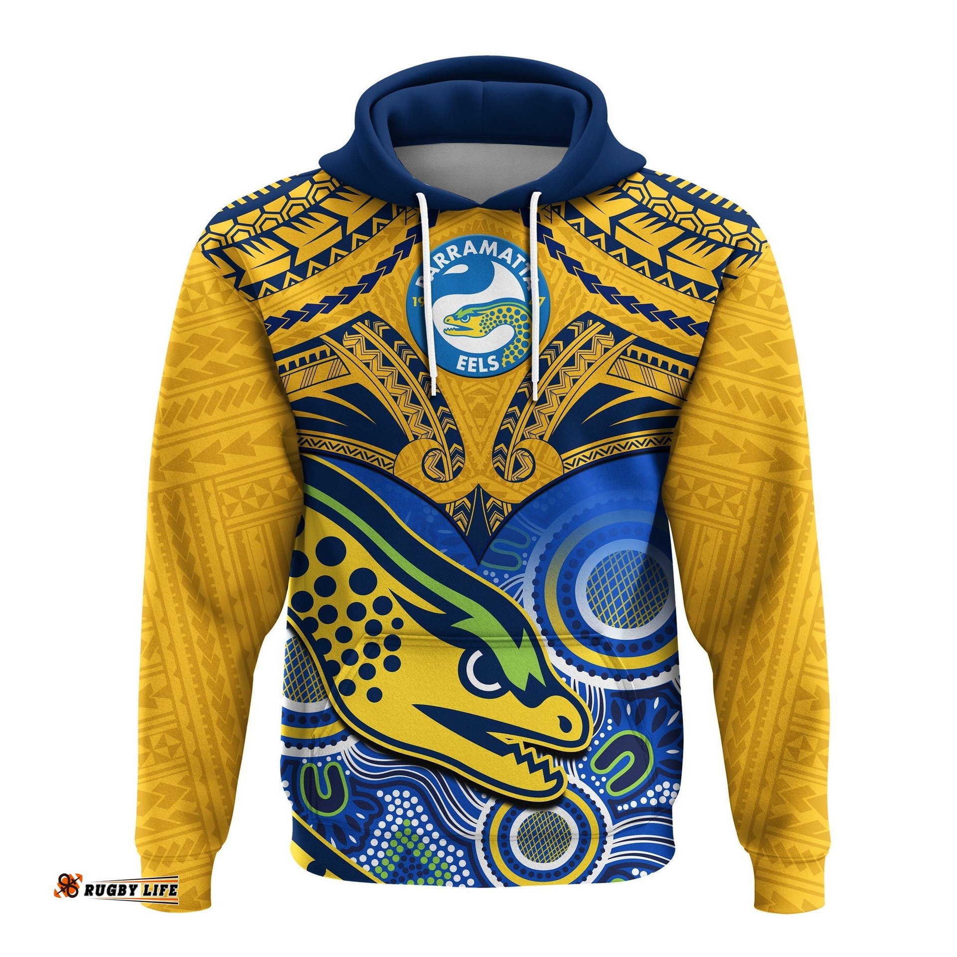 custom text and number parramatta rugby hoodie go eels polynesian mix indigenous art