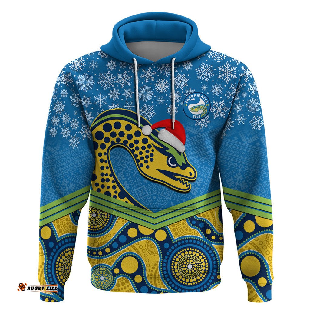 custom parramatta eels rugby christmas hoodie merry xmas mix aboriginal art