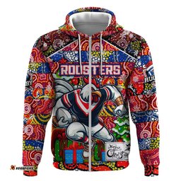 custom roosters rugby merry christmas hoodie indigenous australian art
