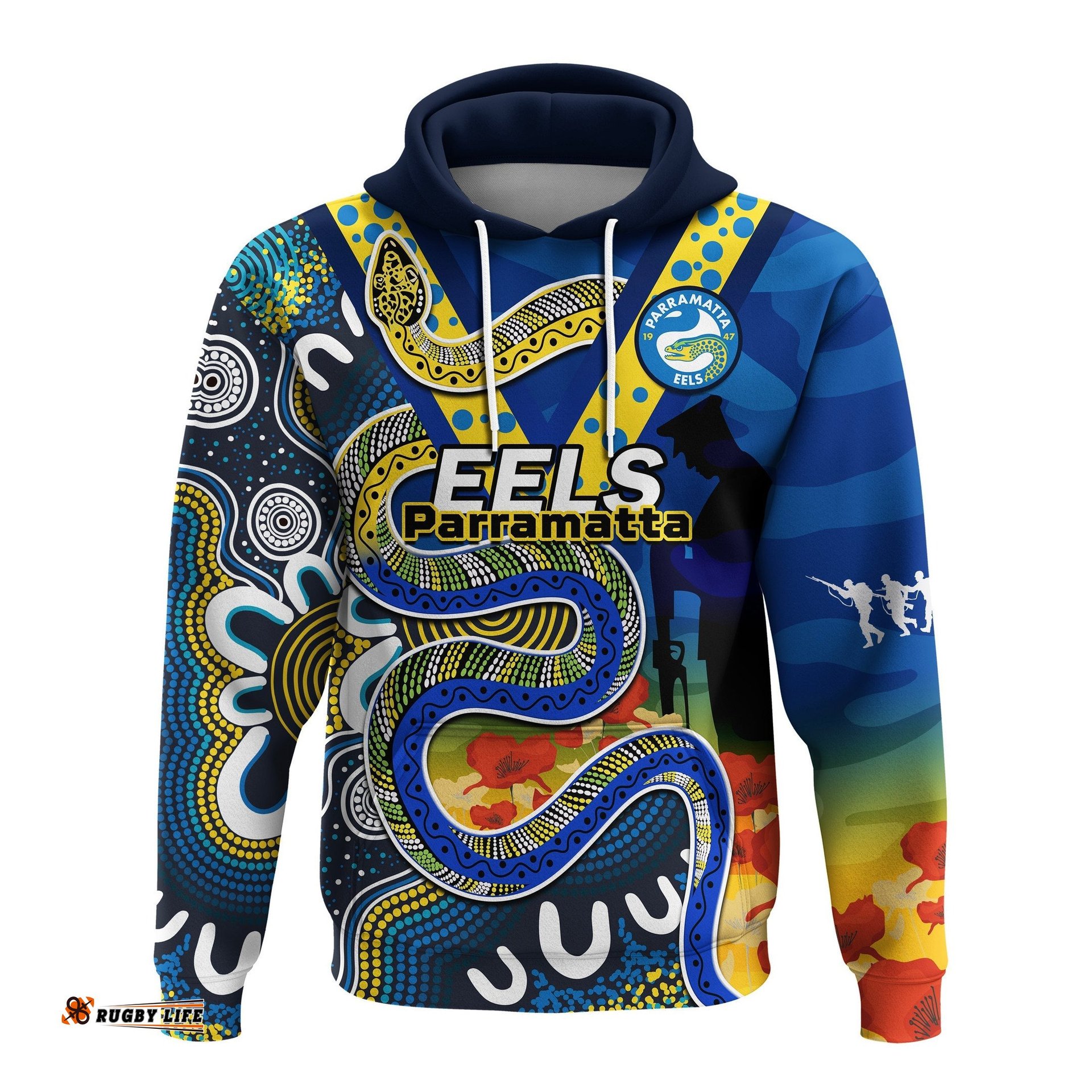 custom text and number eels rugby anzac hoodie aboriginal mix poppy lest we forget