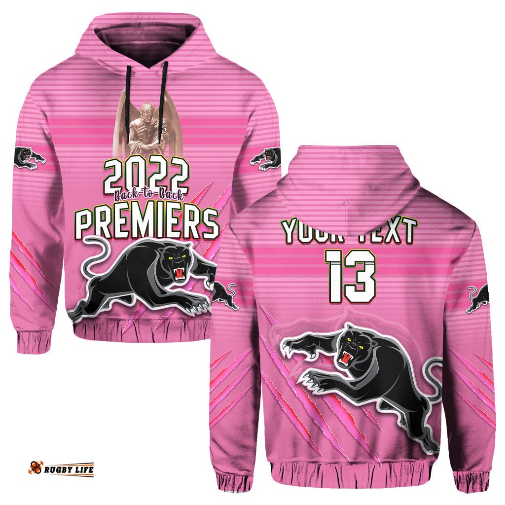 custom text and number panthers proud hoodie back to back premiers version pink