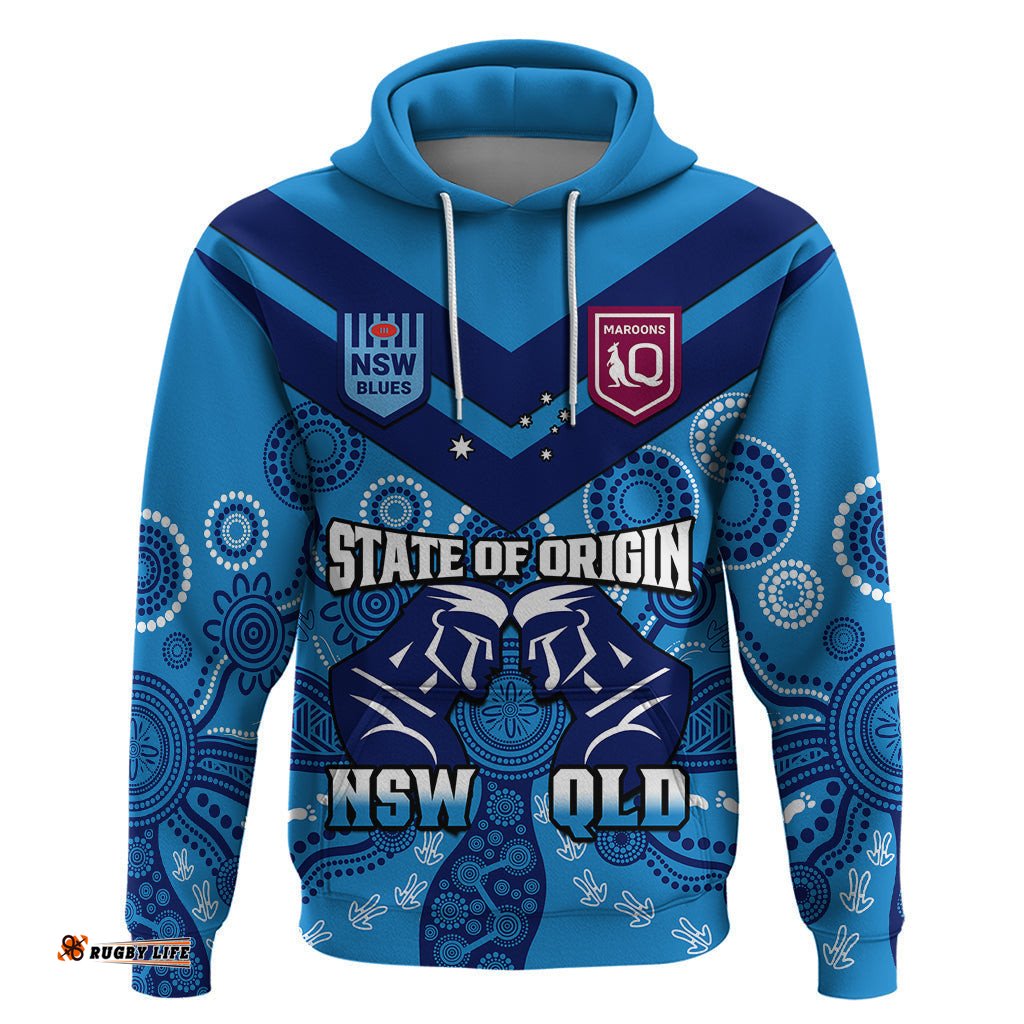 qld maroons and nsw blues rugby hoodie state of origin indigenous blue