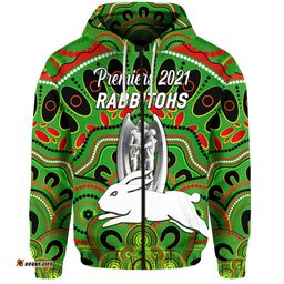 custom personalised south sydney rabbitohs zip hoodie indigenous premiers trophy green custom text and number