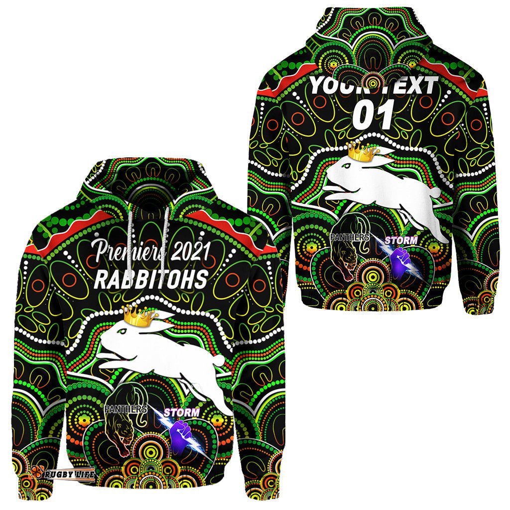 custom personalised south sydney rabbitohs hoodie indigenous premiers the king black custom text and number