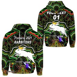custom personalised south sydney rabbitohs hoodie indigenous premiers the king black custom text and number