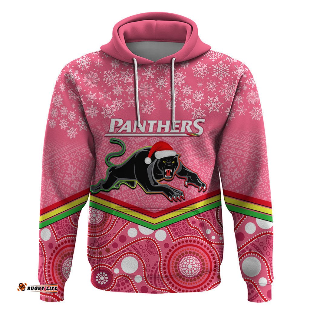 custom panthers rugby christmas hoodie merry xmas mix aboriginal art pink version