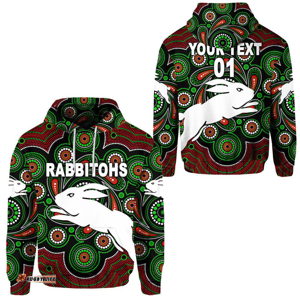 custom personalised south sydney rabbitohs hoodie indigenous vibes black custom text and number