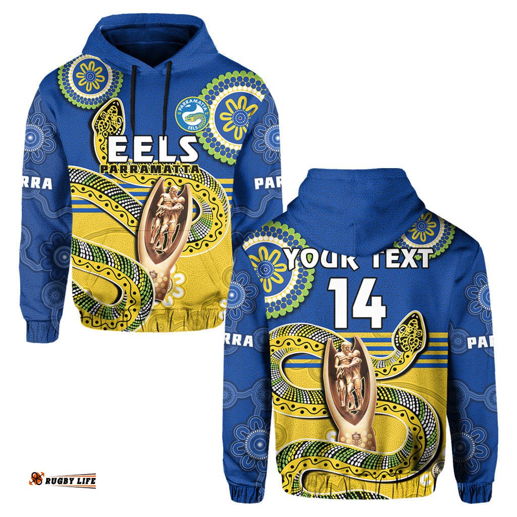 custom text and number eels rugby hoodie parra indigenous proud premiers