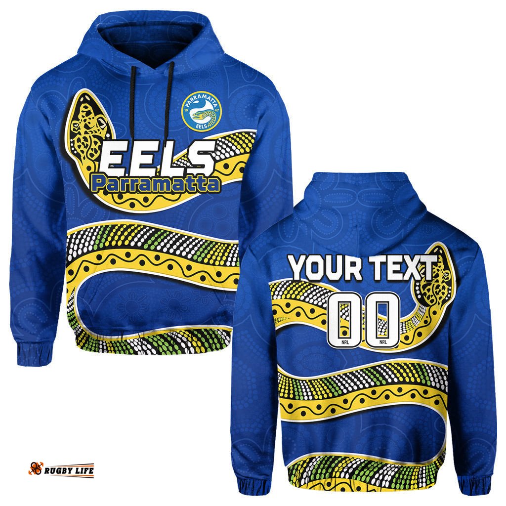 custom text and number eels rugby hoodie aboriginal art simple style