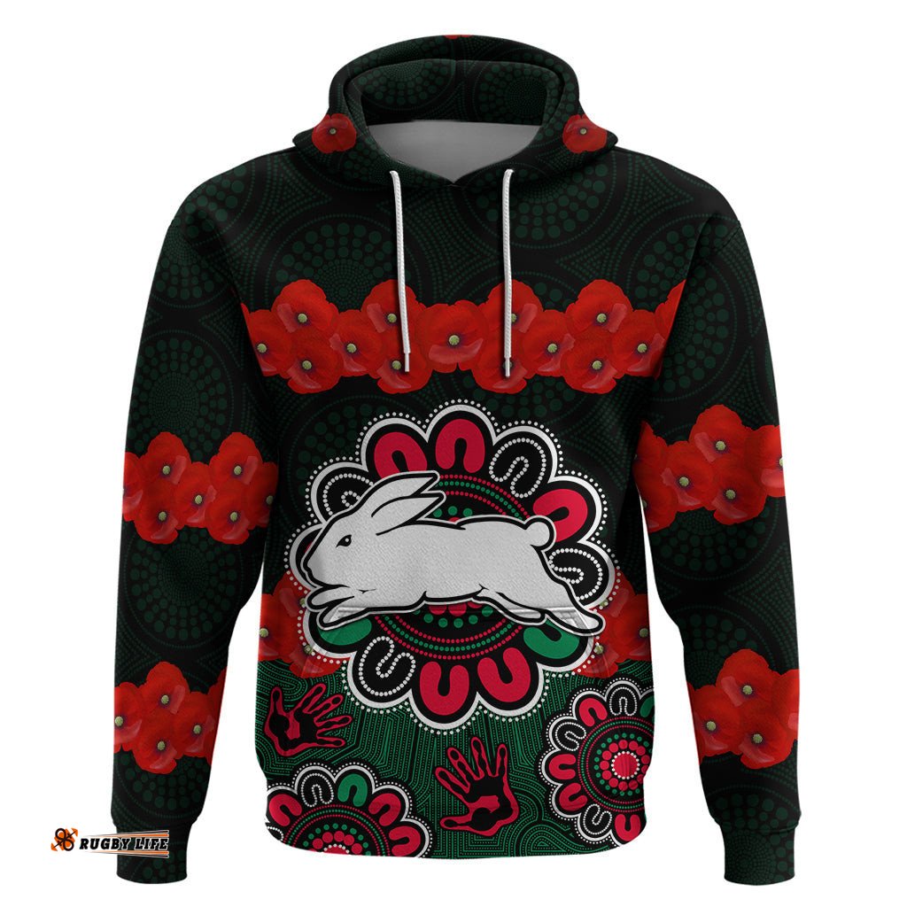 custom text and number anzac nrl rabbitohs rugby hoodie the bunnies 1908 poppy flowers mixed aboriginal