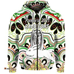 custom personalised south sydney rabbitohs zip hoodie indigenous premiers trophy white custom text and number