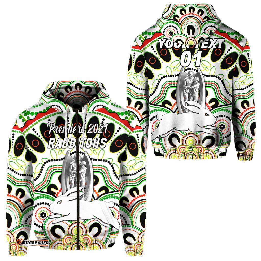 custom personalised south sydney rabbitohs zip hoodie indigenous premiers trophy white custom text and number