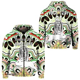 custom personalised south sydney rabbitohs zip hoodie indigenous premiers trophy white custom text and number