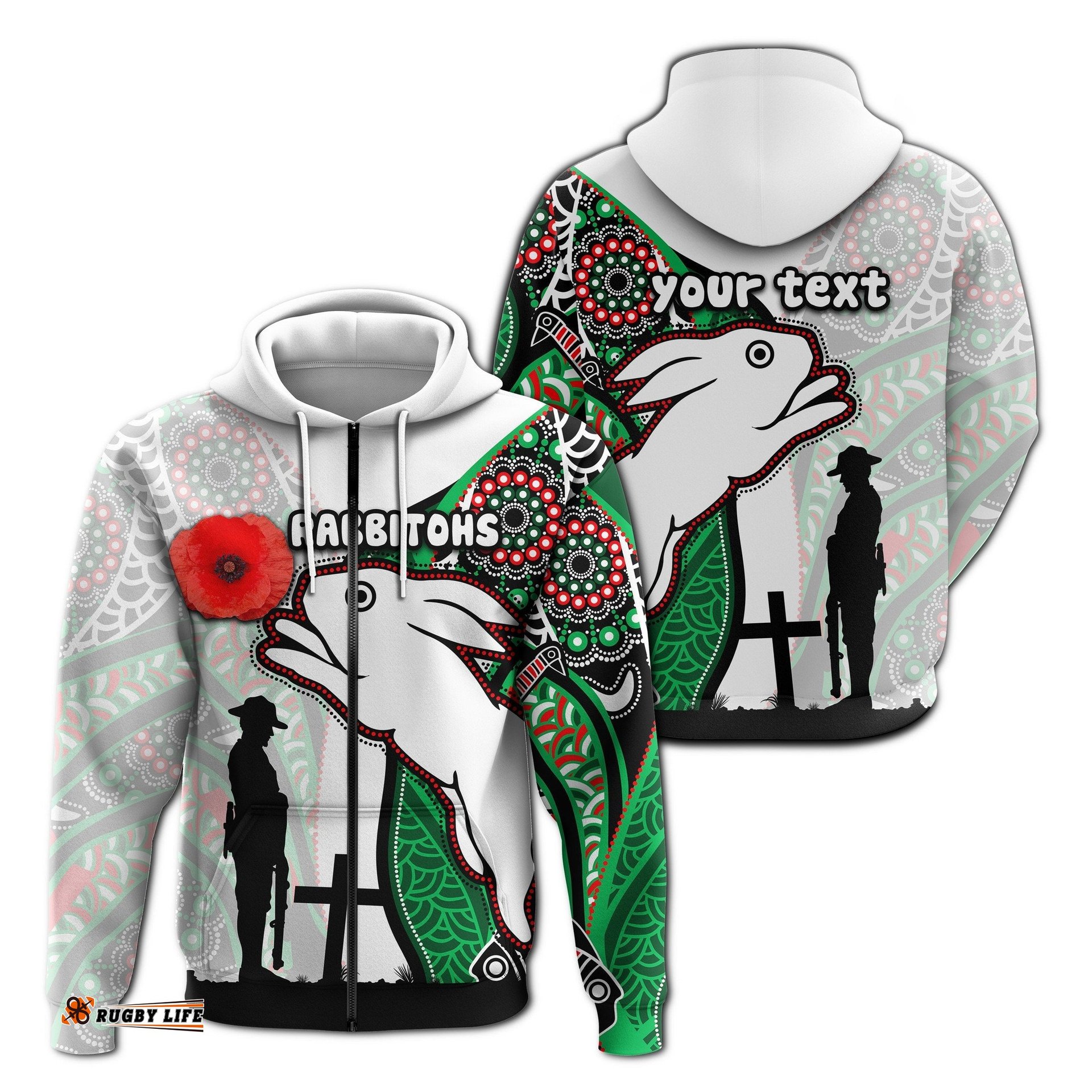 custom personalised rabbitohs zip hoodie indigenous anzac day