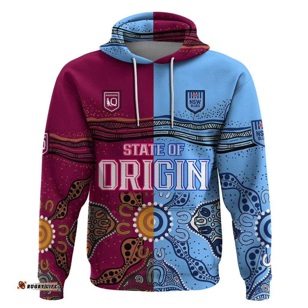 custom text and number blues and maroons rugby hoodie state of origin nsw combine queensland aboriginal