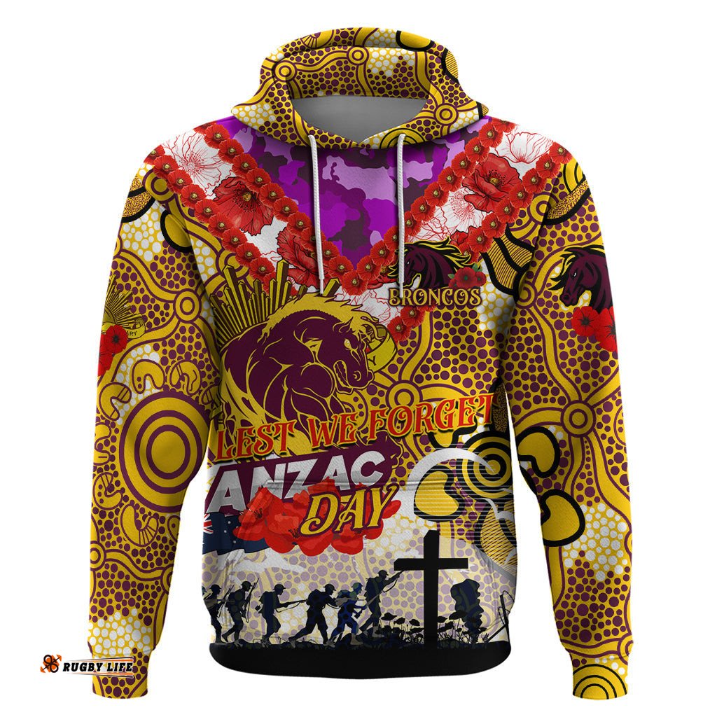 personalised broncos anzac day hoodie aboriginal rising sun