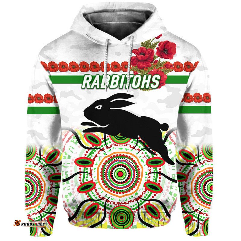 custom personalised south sydney rabbitohs anzac zip up and pullover hoodie indigenous vibes white