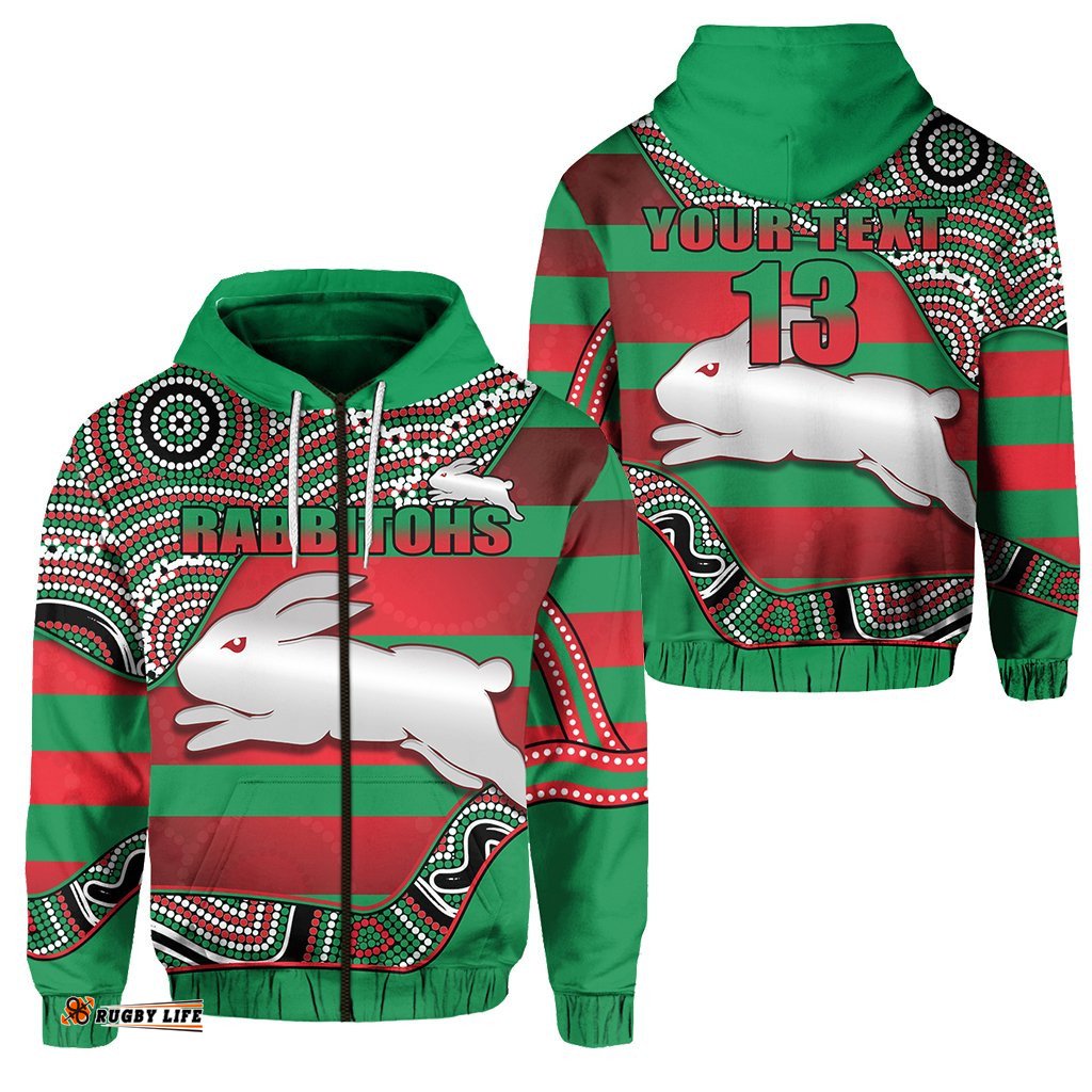 custom personalised rabbitohs zip hoodie rugby south sydney indigenous charming custom text and number