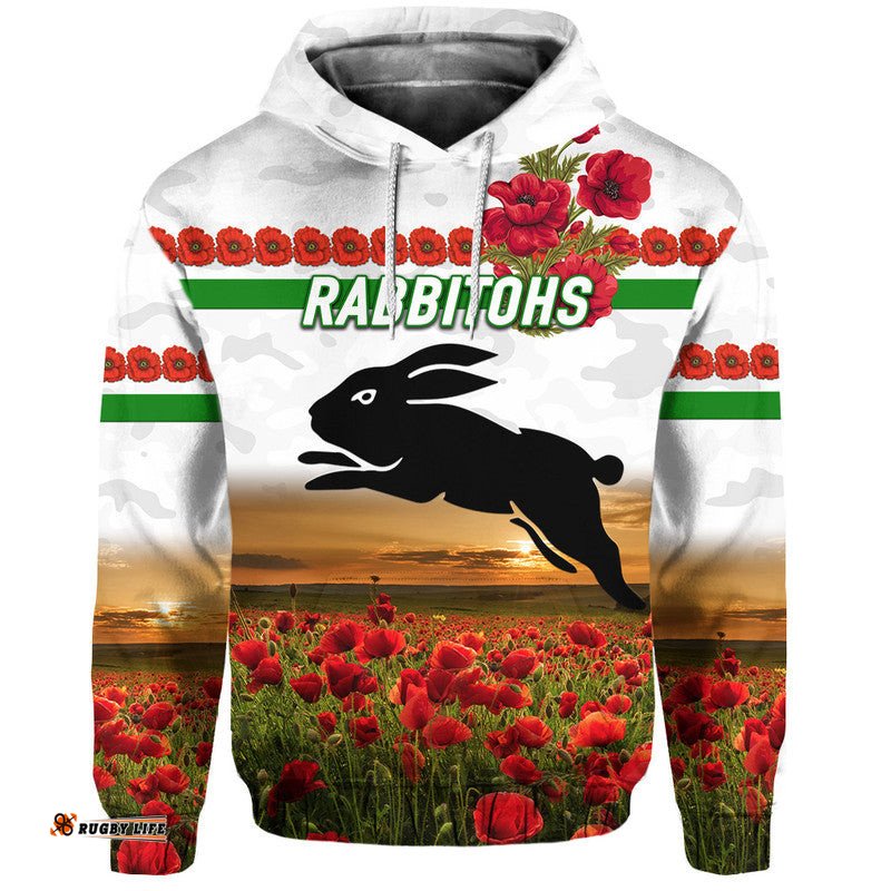 custom personalised south sydney rabbitohs anzac zip up and pullover hoodie poppy flowers vibes white
