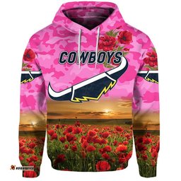 custom personalised north queensland cowboys anzac zip up and pullover hoodie poppy flowers vibes pink