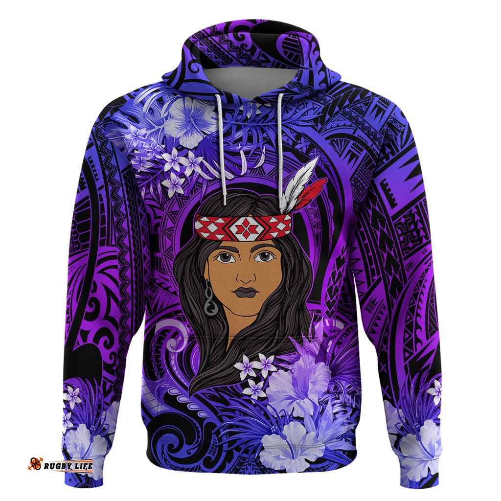 new zealand custom womens day hoodie maori girl feathers of hope purple