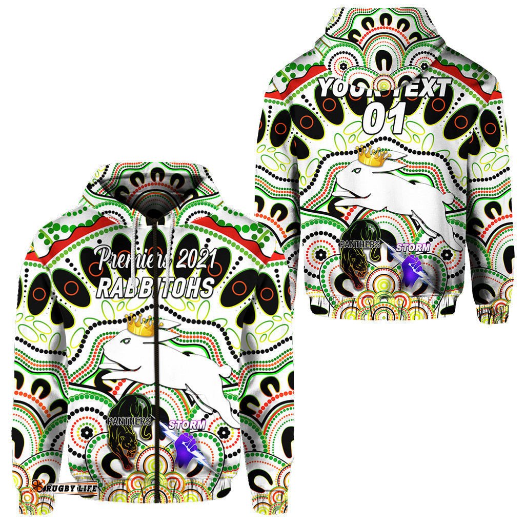 custom personalised south sydney rabbitohs zip hoodie indigenous premiers the king white custom text and number