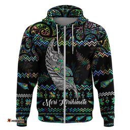 personalised new zealand christmas hoodie maori fern manaia meri kirihimete with papaua shell
