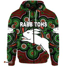 custom personalised south sydney rabbitohs zip hoodie indigenous vibes black custom text and number
