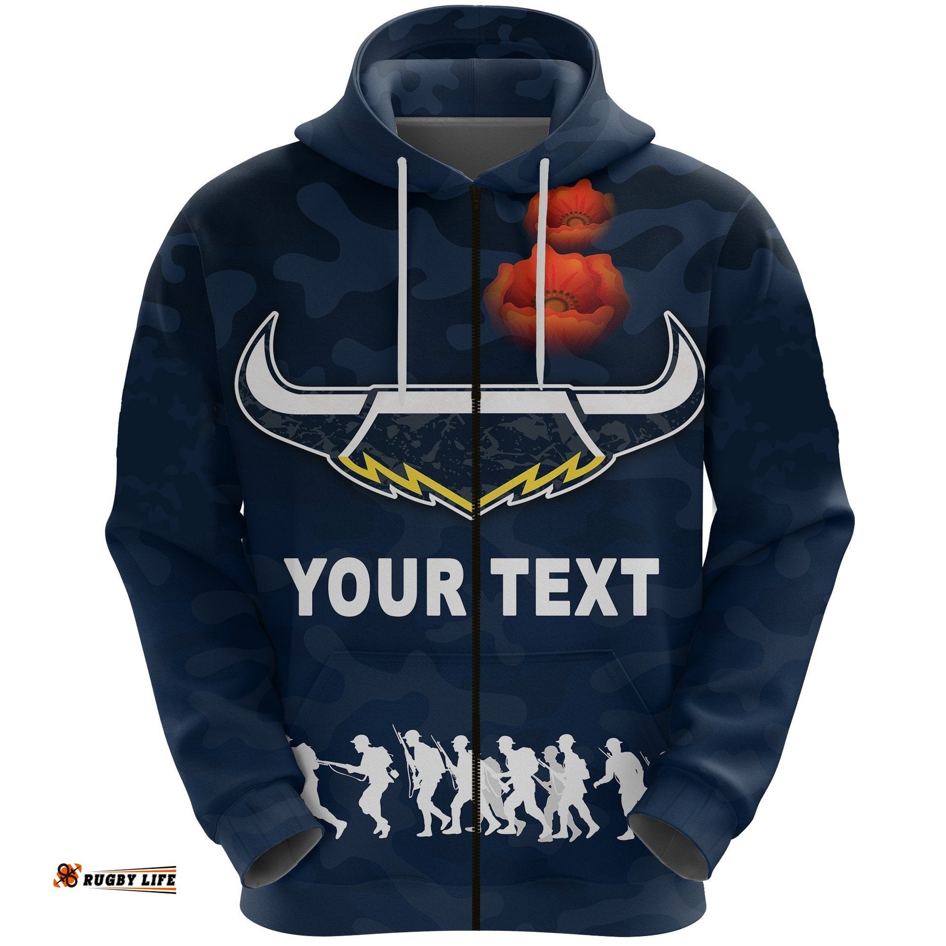 custom personalised north queensland cowboys zip hoodie anzac day camouflage vibes navy 07