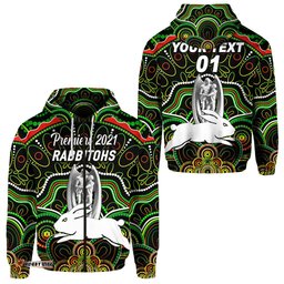 custom personalised south sydney rabbitohs zip hoodie indigenous premiers trophy black custom text and number