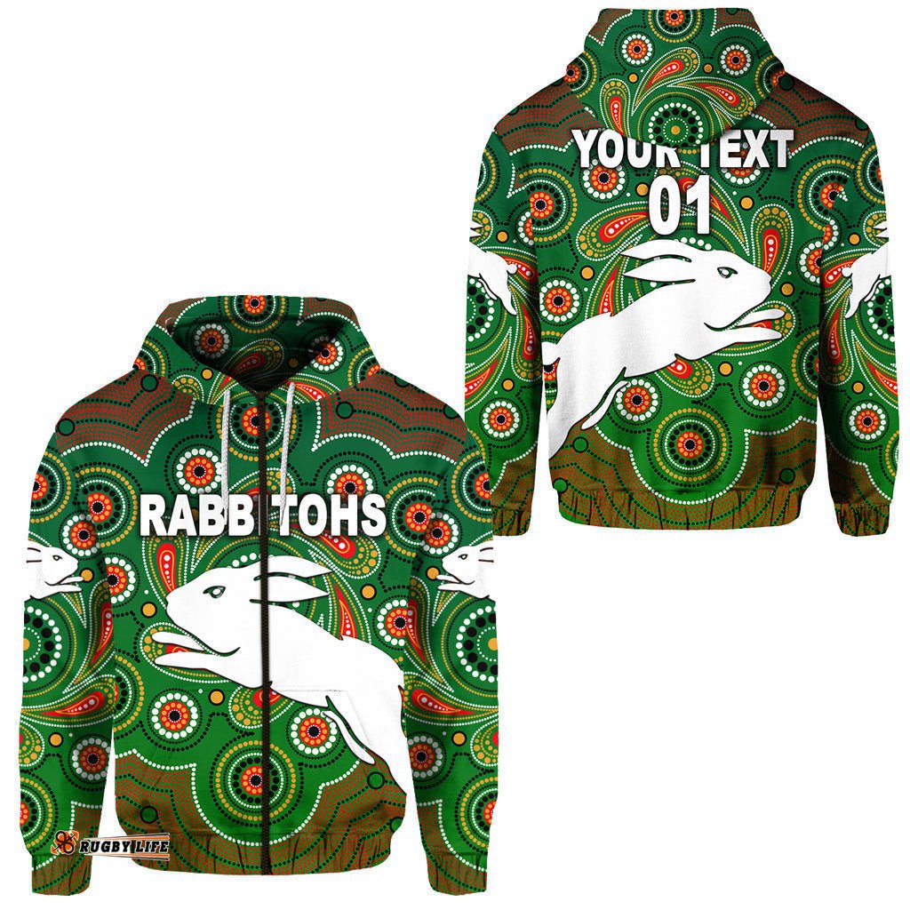 custom personalised south sydney rabbitohs zip hoodie indigenous vibes green custom text and number