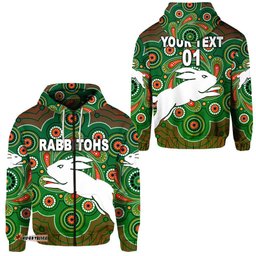 custom personalised south sydney rabbitohs zip hoodie indigenous vibes green custom text and number