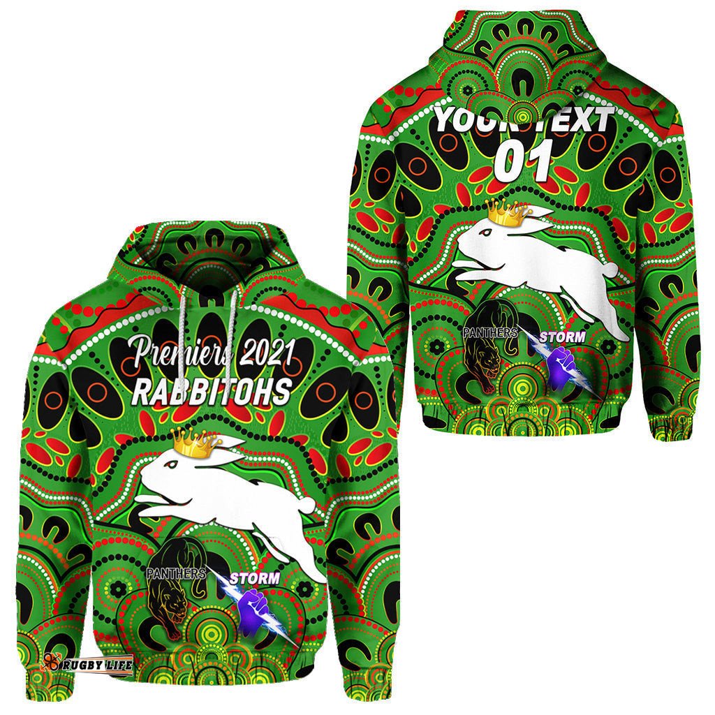 custom personalised south sydney rabbitohs hoodie indigenous premiers the king green custom text and number