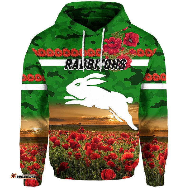 custom personalised south sydney rabbitohs anzac zip up and pullover hoodie poppy flowers vibes green