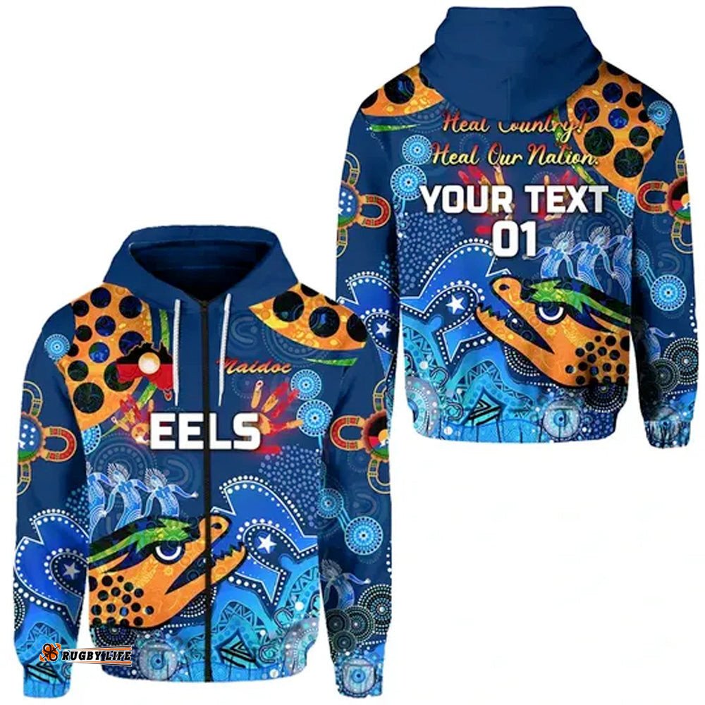 custom personalised parramatta zip hoodie eels indigenous naidoc heal country heal our nation blue custom text and number 06