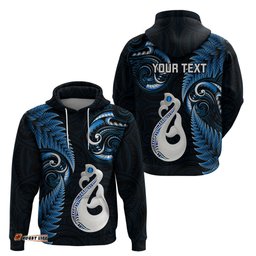 personalised new zealand hoodie aotearoa silver fern with manaia maori unique blue