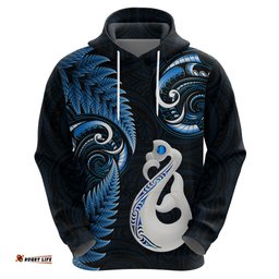personalised new zealand hoodie aotearoa silver fern with manaia maori unique blue
