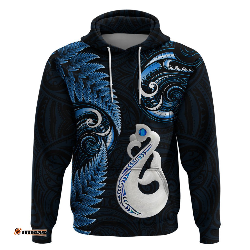 personalised new zealand hoodie aotearoa silver fern with manaia maori unique blue