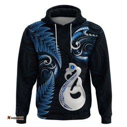 personalised new zealand hoodie aotearoa silver fern with manaia maori unique blue
