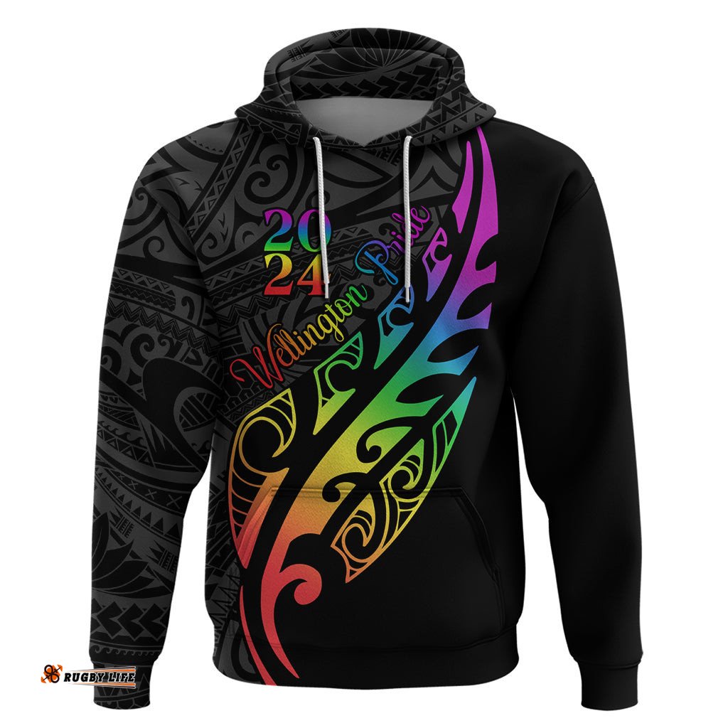 personalised new zealand wellington pride hoodie maori fern with pride flag 2024