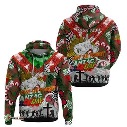personalised rabbitohs anzac day hoodie aboriginal rising sun
