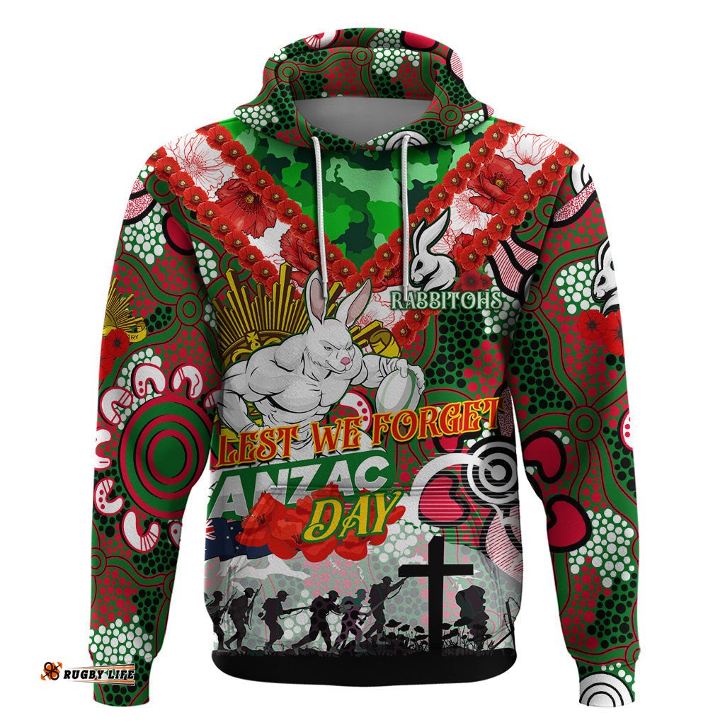 personalised rabbitohs anzac day hoodie aboriginal rising sun
