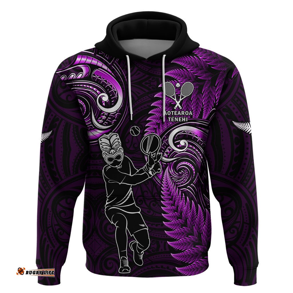 custom new zealand tiki tennis hoodie 2024 aotearoa tenehi maori silver fern purple