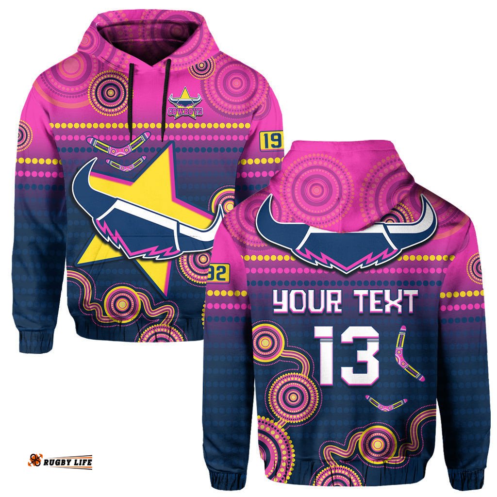 custom text and number cowboys rugby hoodie aboriginal go premiers north queensland