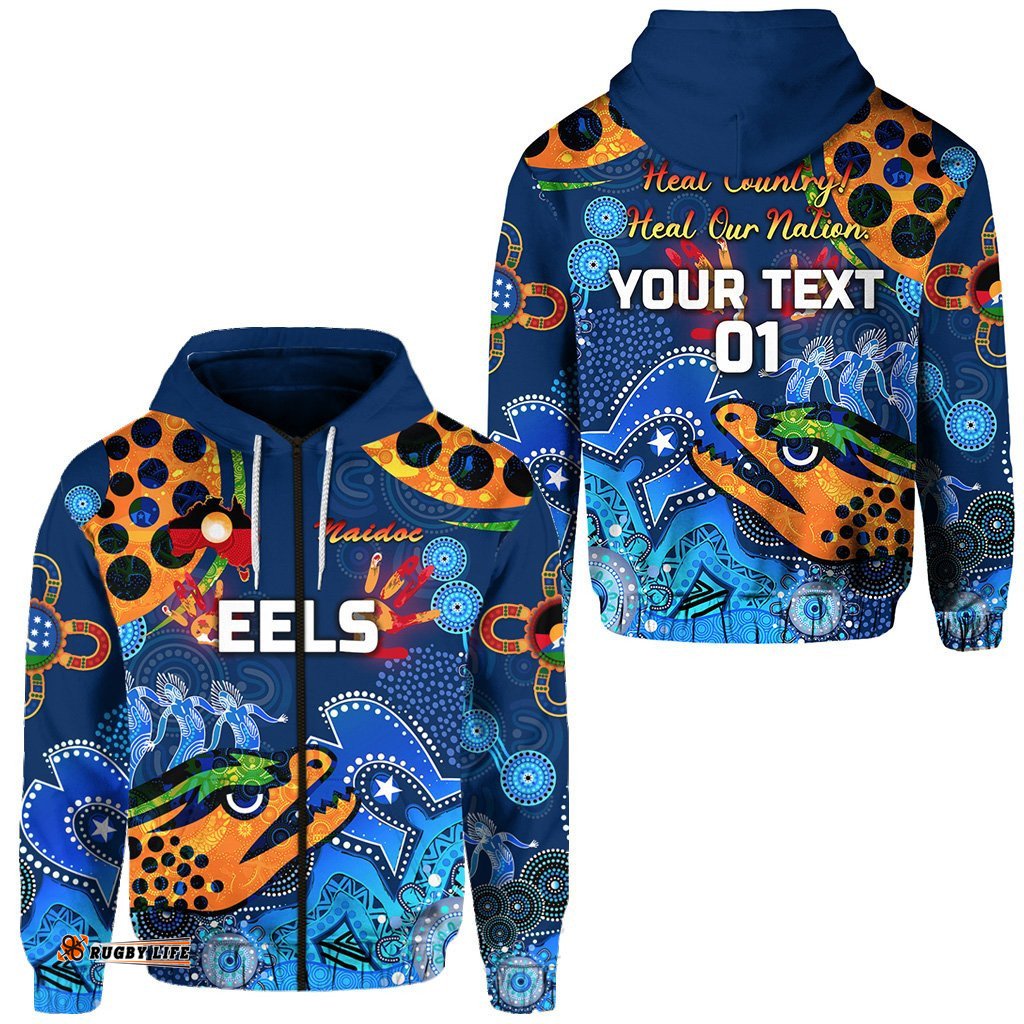 custom personalised parramatta zip hoodie eels indigenous naidoc heal country heal our nation blue custom text and number 05