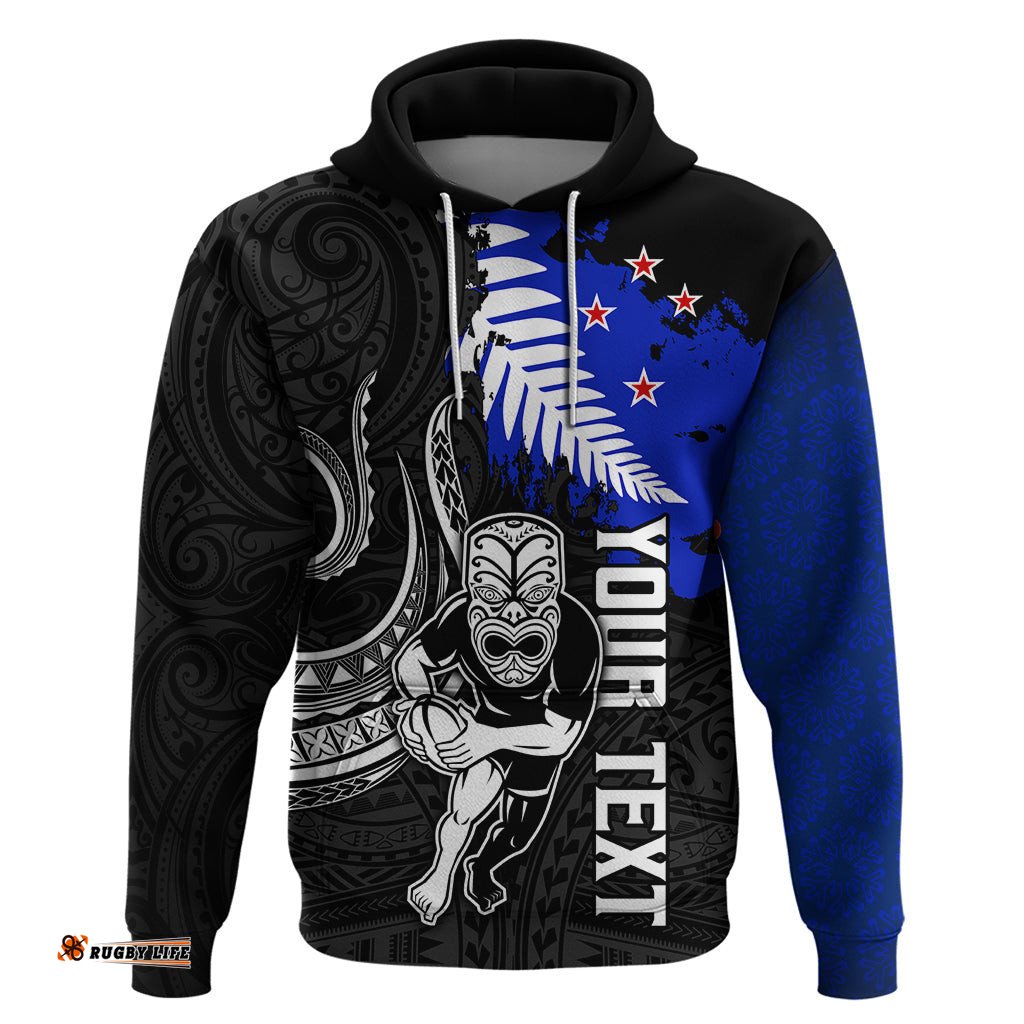 personalised aotearoa rugby hoodie all black maori fern
