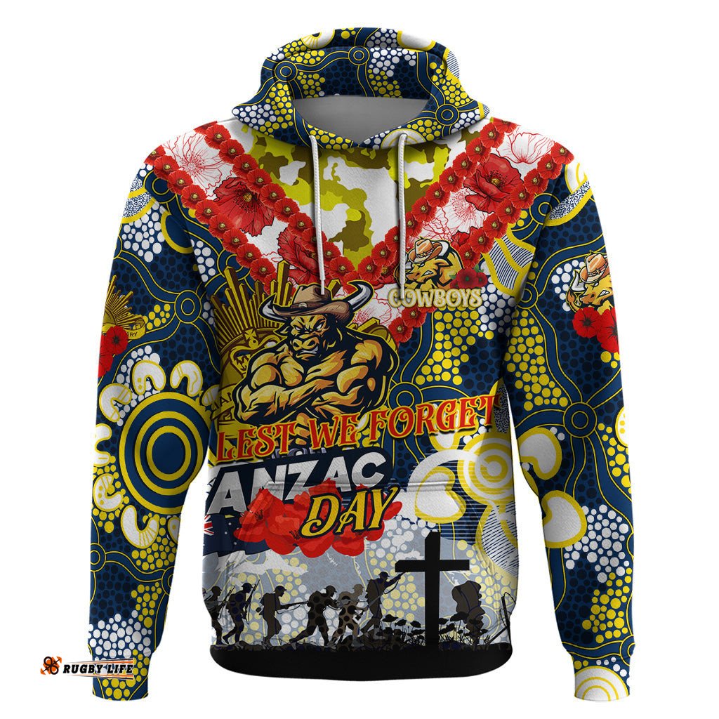 personalised cowboys anzac day hoodie aboriginal rising sun