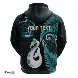 personalised new zealand hoodie aotearoa silver fern with manaia maori unique turquoise