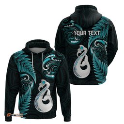 personalised new zealand hoodie aotearoa silver fern with manaia maori unique turquoise